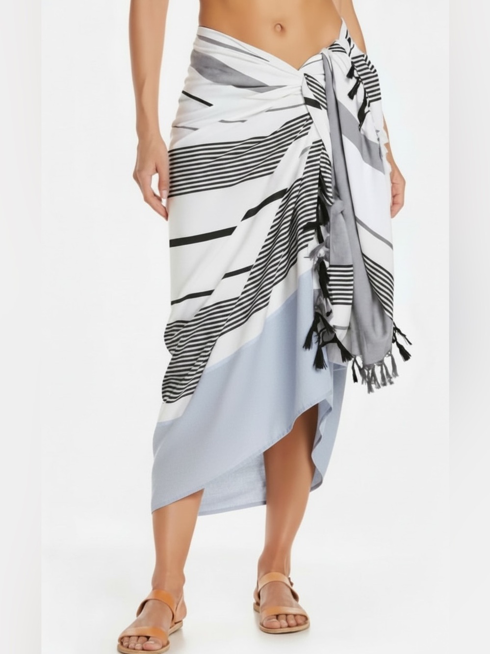 Tavik Swim Striped Tassel Sarong Wrap in White, Black & Blue - Anthropologie